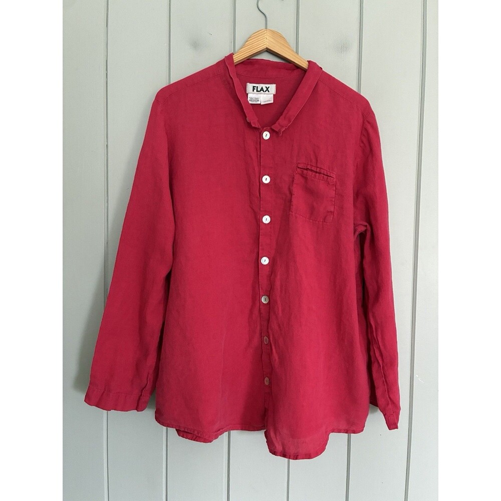 FLAX Linen Button Down Shirt M Medium Magenta Pink Lagenlook Top Collar